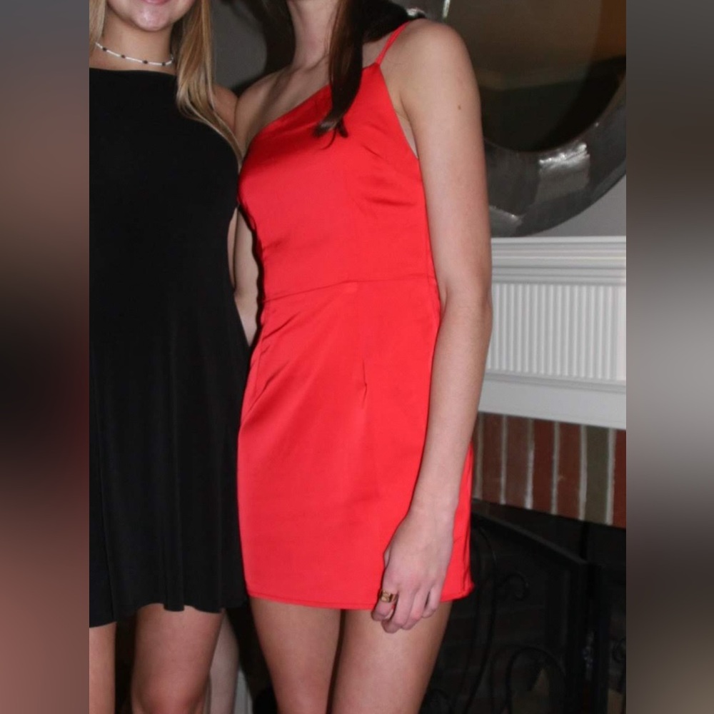 Red one shoulder mini dress